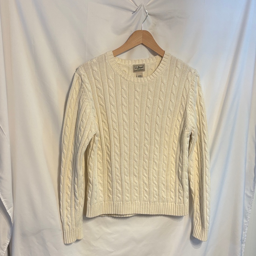 L.L. Bean Collegiate Preppy Women's Cream Cable Crewneck Sweater SZ M 100%Cotton